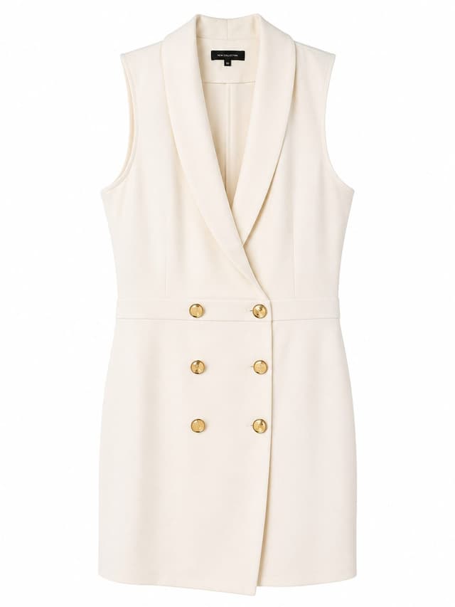 Women’s Sleeveless Double-Breasted Blazer Mini Dress with Gold Buttons.